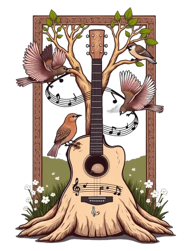 Customized Tee Shirts | Nature's Melody: Birds and Guitar Harmony