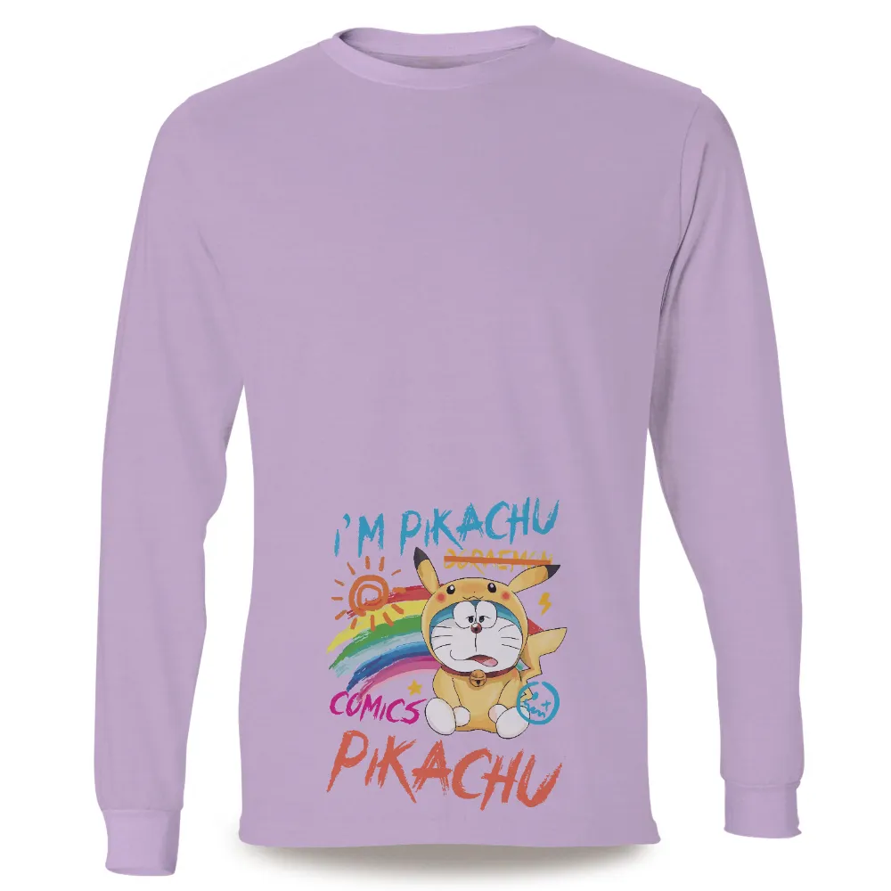 TShirt Printing: Pikachu x Doraemon Crossover - Whimsical Anime Design|men rainbow long sleeve shirt