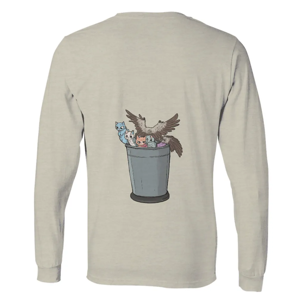 TShirt Printing: Whimsical Friendship | Owl & Kittens in a Trash Can| unconventional sanctuary