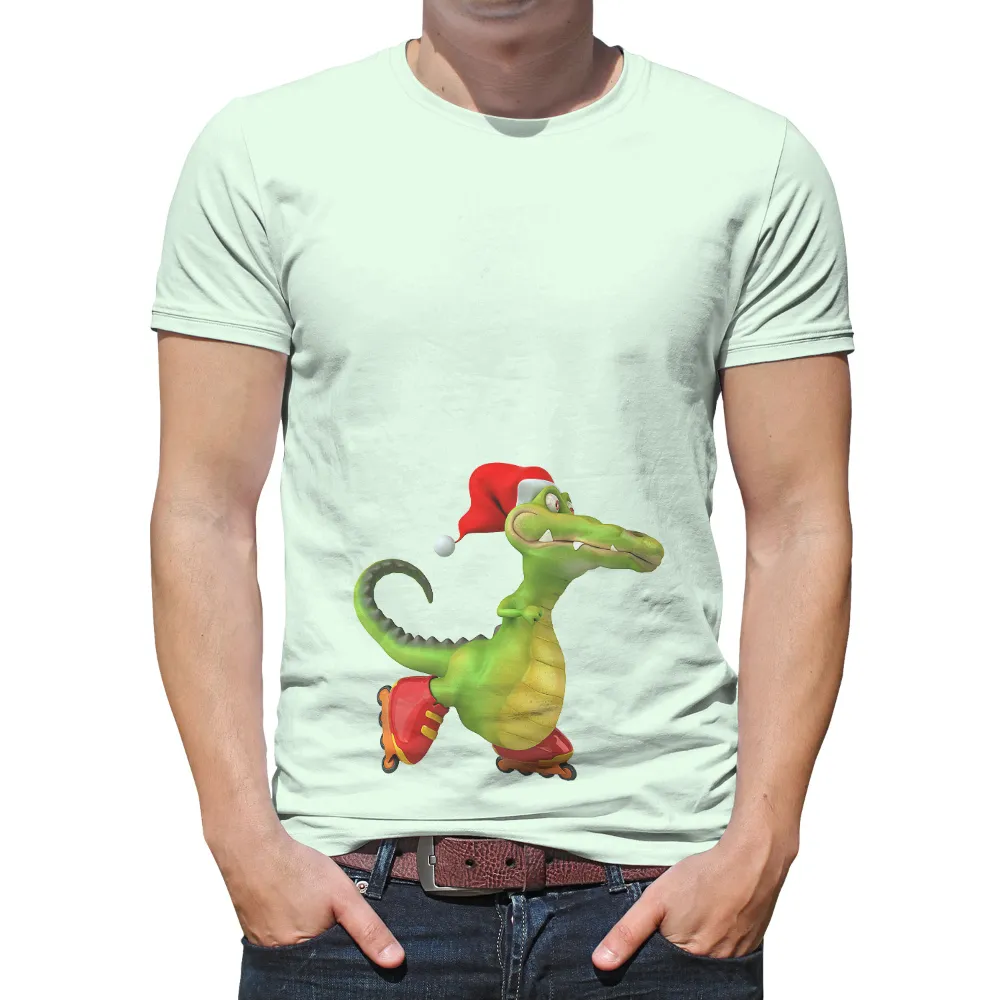 Tee Shirt Printing: Festive Crocodile with Santa Hat and Rollerblades|festive shirts womens