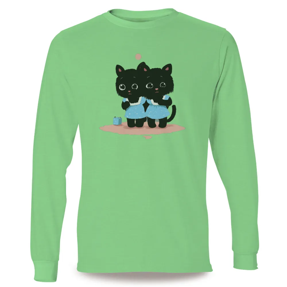 Shirts Graphic Tees: Adorable Kittens in Blue Dresses|Two little black kittens in blue dresses