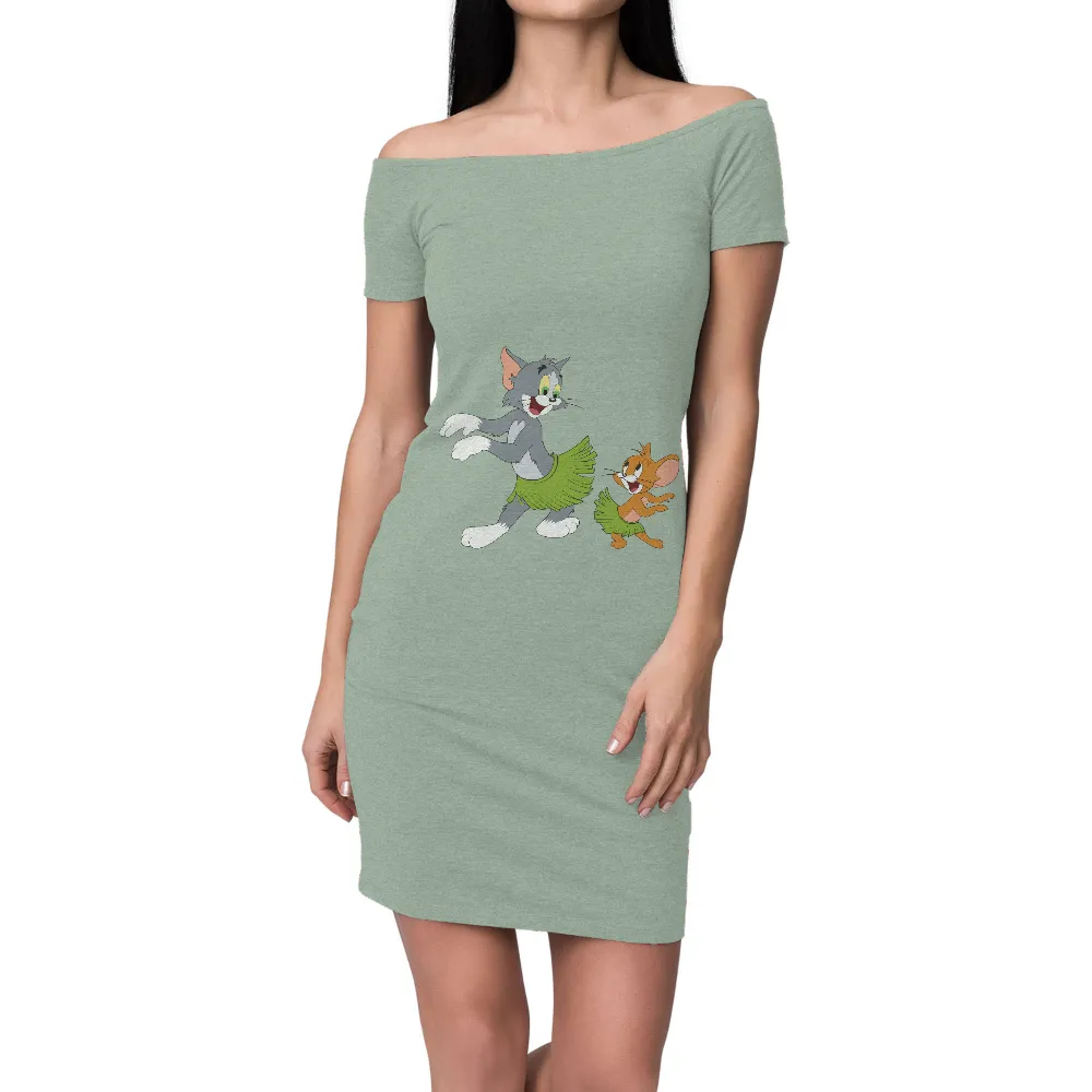 Tee Shirts Printed: Tom and Jerry Dancing in Hawaiian Skirts|cartoon characters with black shirt