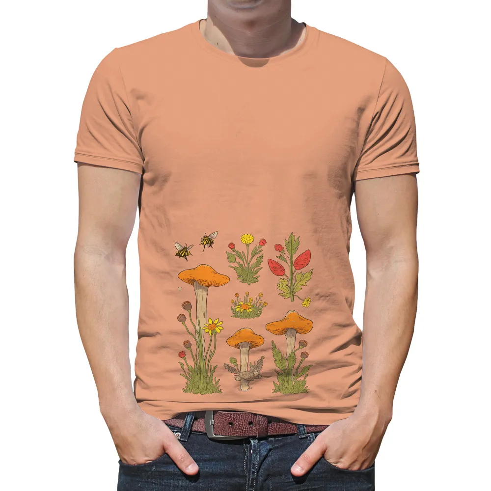 Custom Tee Shirts: Whimsical Mushrooms and Bees in a Summer Meadow|t shirts with bees on