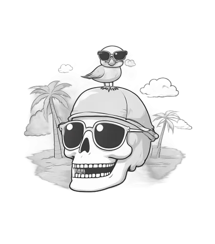 TShirt Design: Whimsical Skull with Sunglasses and Bird