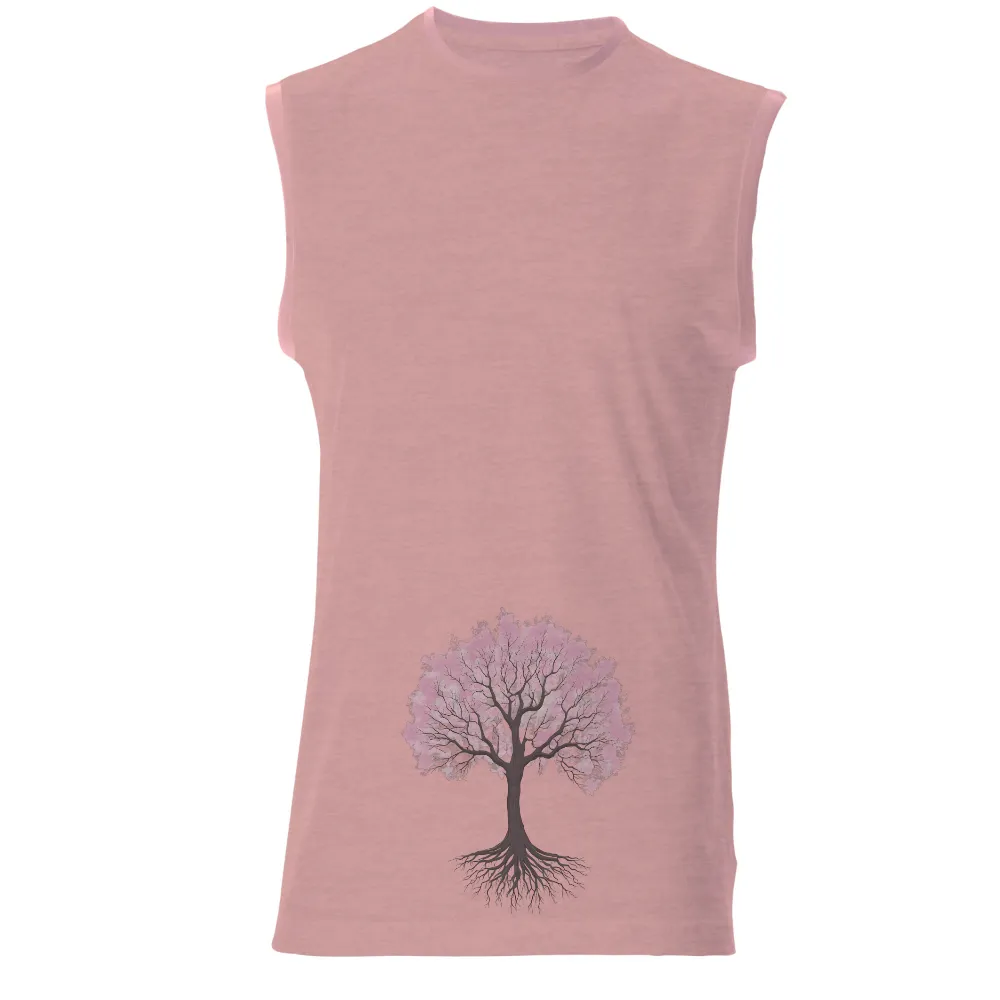 Unique Art Design: Tree with Pink Leaves and Detailed Roots|vlone the roots picnic tee