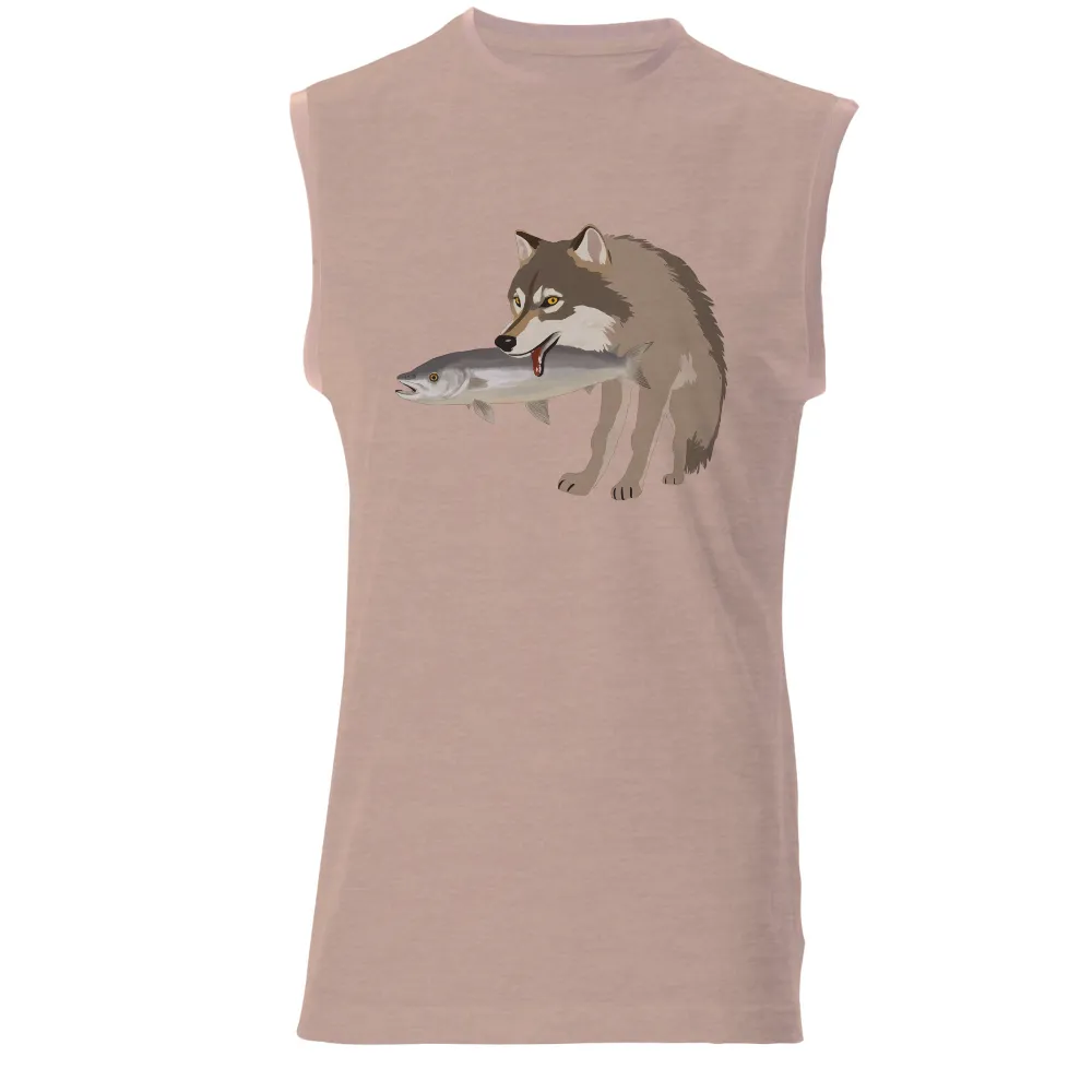 Tee Shirts Printed: Luna's Catch - Wolf and Salmon Art|reign forest fronds camp shirt