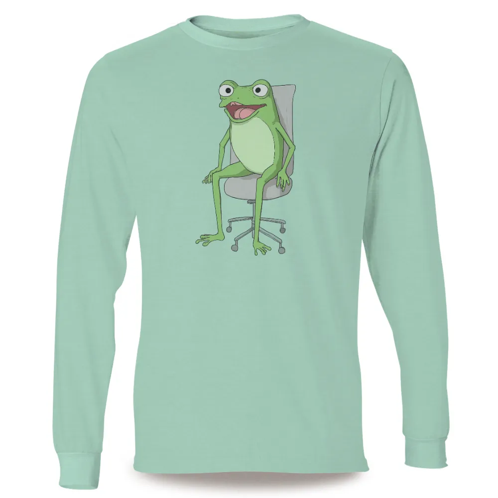 Graphic Tees: Cheerful Frog on Office Chair - Fun & Whimsical Design|Cheerful frog sitting on an office chair