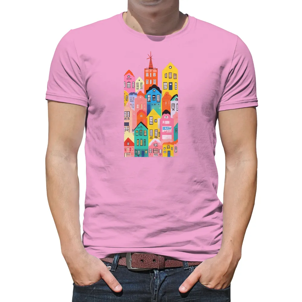 Shirts Graphic Tees: Whimsical City Life in Colorful Buildings|love like 90s r&b shirt