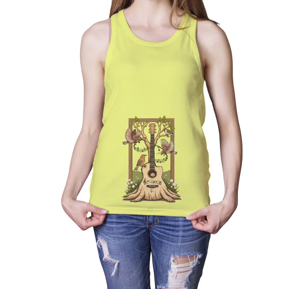 Customized Tee Shirts | Nature's Melody: Birds and Guitar Harmony| birds in flight