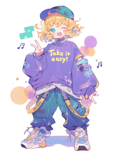 Anime character in purple hoodie and blue pants - baggy clothes anime