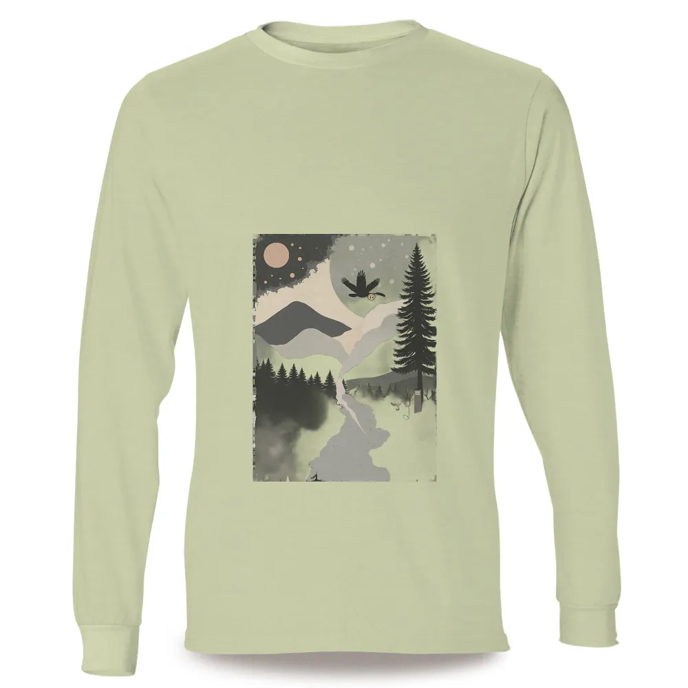 Shirts Graphic Tees: Owl Flight Over Moonlit Mountains| Contrast between dark and illuminated areas