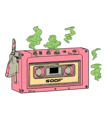 TShirt Design: SOOF Cassette Player with Playful Green Smoke