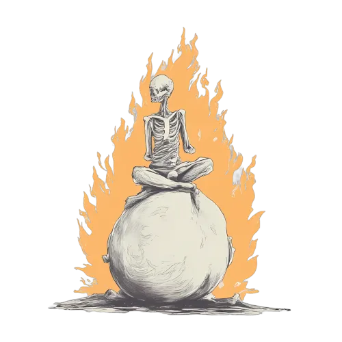 Shirts Graphic Tees: Skeleton Meditation Amidst Flames - Artistic Design