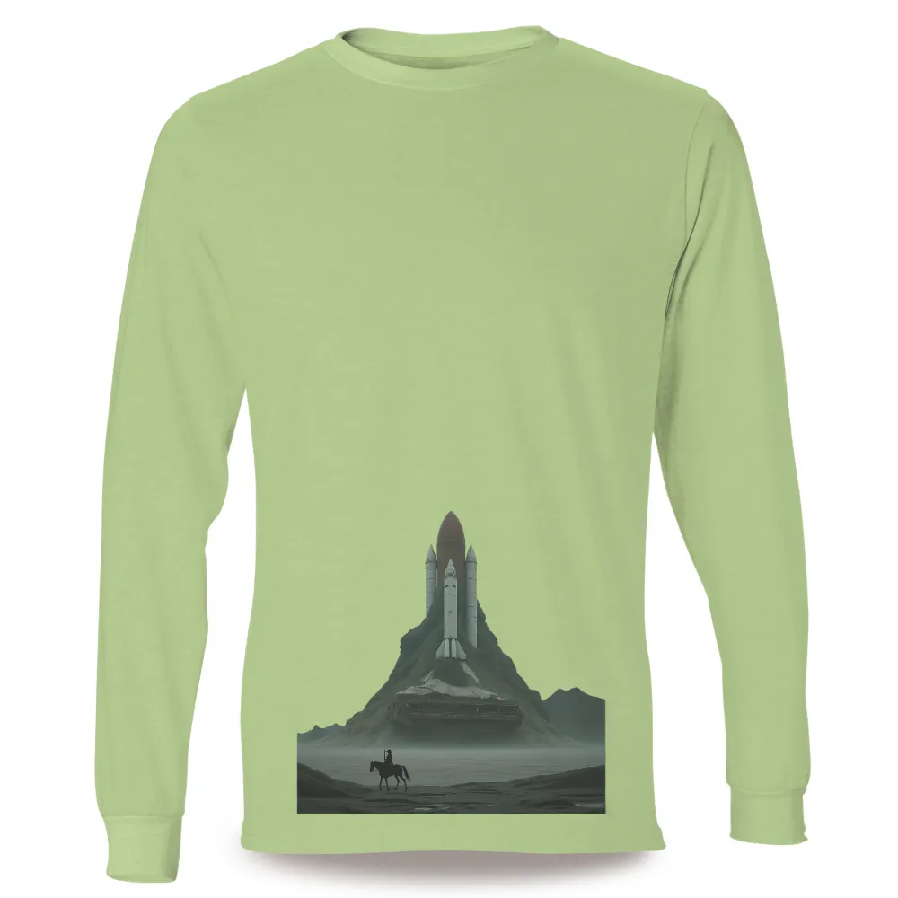 Custom T-Shirt Printing: Space Shuttle & Cowboy - Futuristic Exploration|Space shuttle on mountain