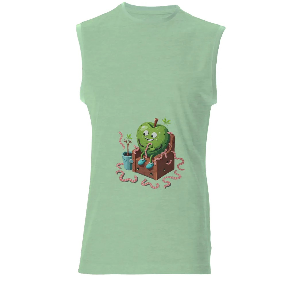 Custom Tee Shirts: Whimsical Green Apple with Friendly Worms|graffiti nature