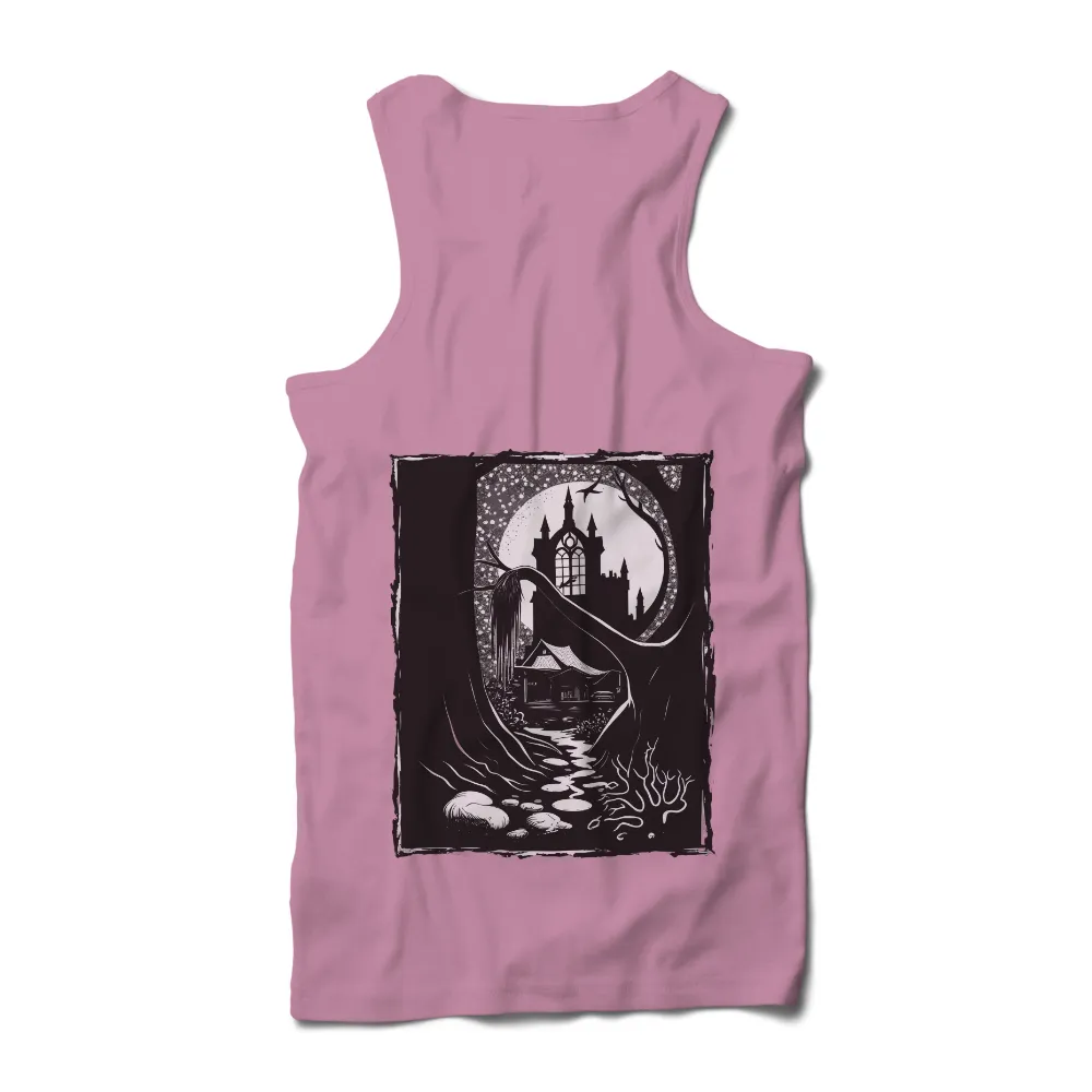 Custom Tee Shirts: Ghostly Beauty in the Moonlit Forest| Dark trees and bright moon contrast