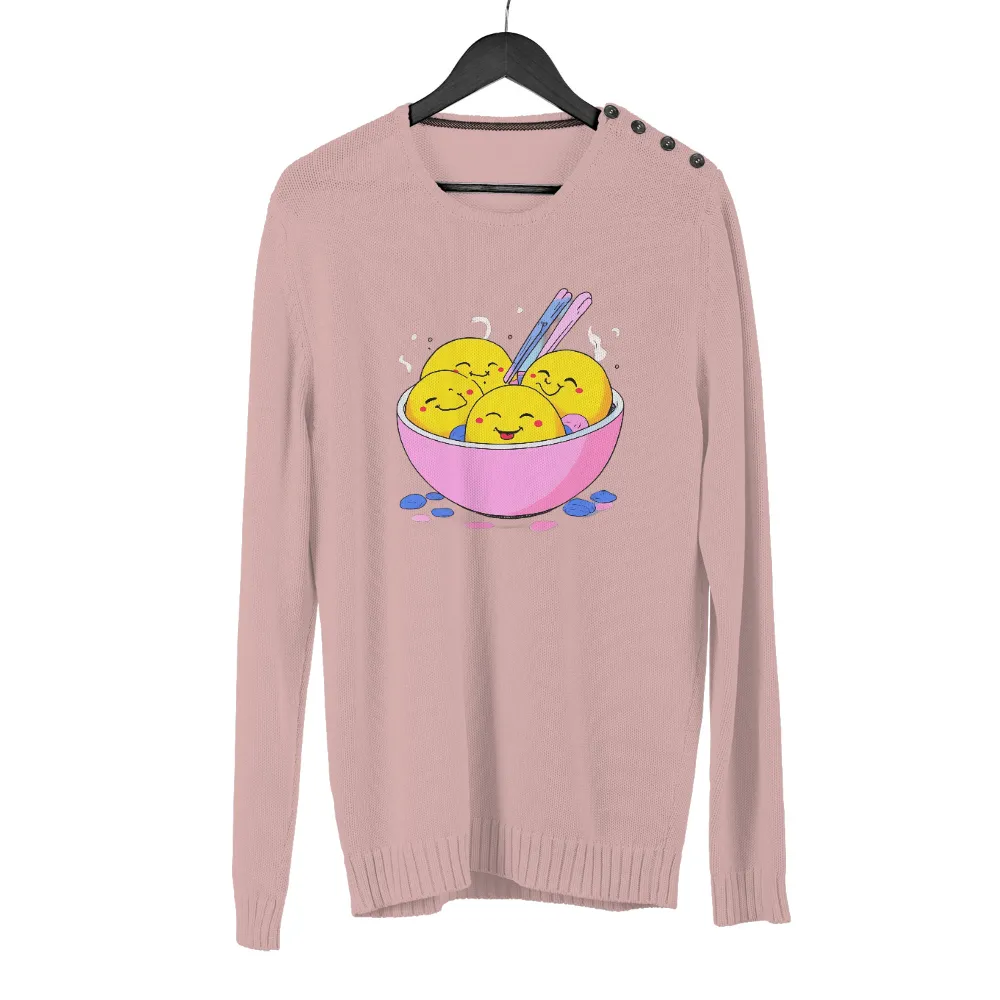 Custom Tee Shirts: Joyful Dumplings in a Pink Bowl|steam rising from the bowl