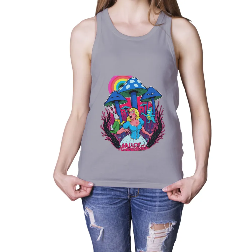 T-Shirts Pattern: Whimsical Alice in Wonderland Adventure| oversized mushrooms with distinct personalities