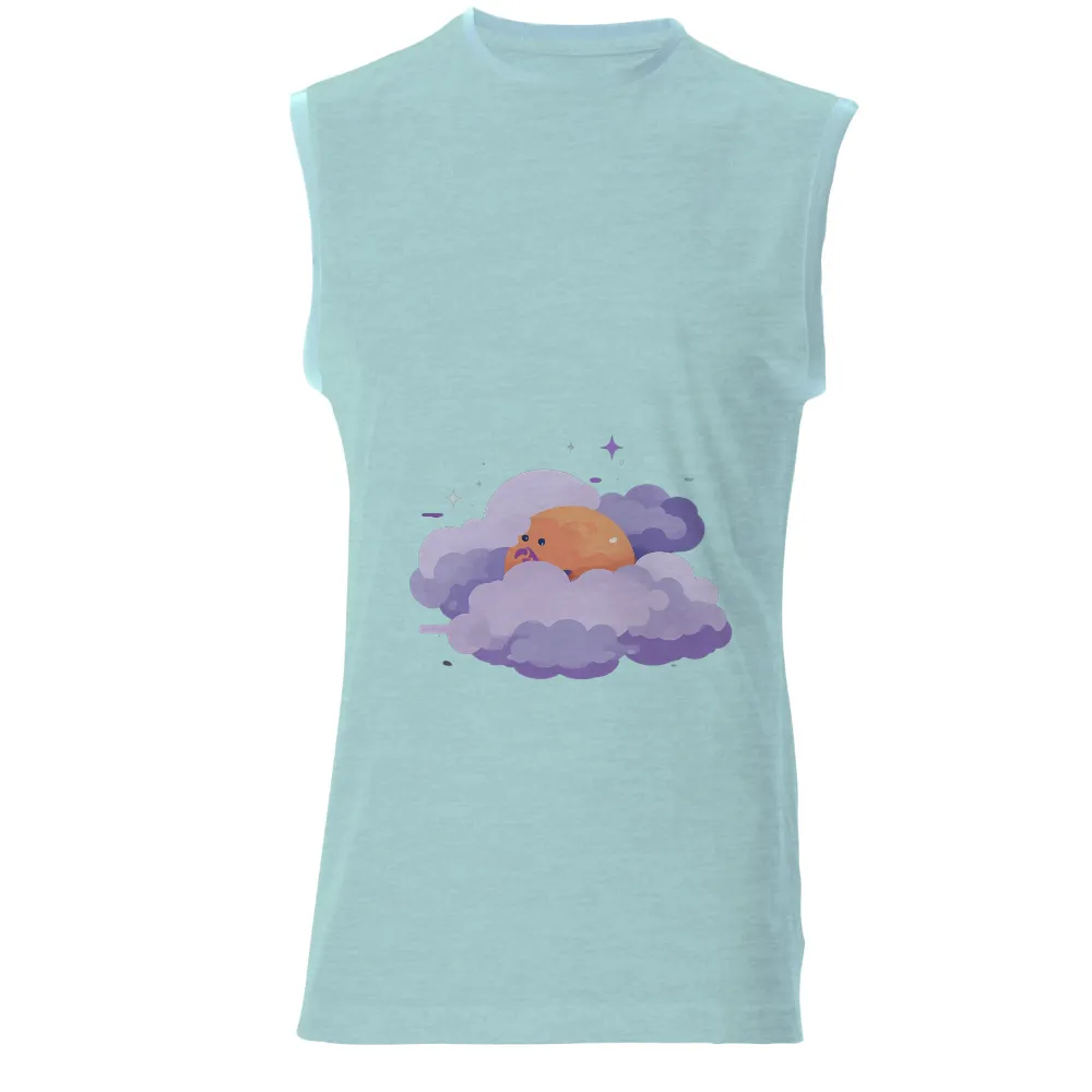 Whimsical Fantasy T-Shirt Printing | Enchanting Orange Character in Purple Clouds| fluffy purple clouds