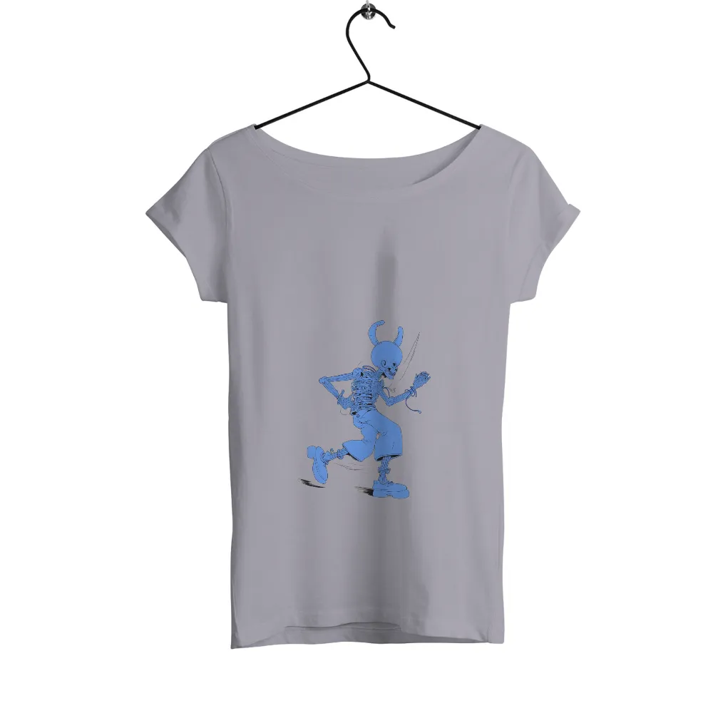 T-Shirts Pattern: The Blue Skeleton - Whimsical Horror in Vintage Style| dynamic pose skeleton