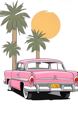 Tee Shirts Printed: Vintage Car Under Palm Trees