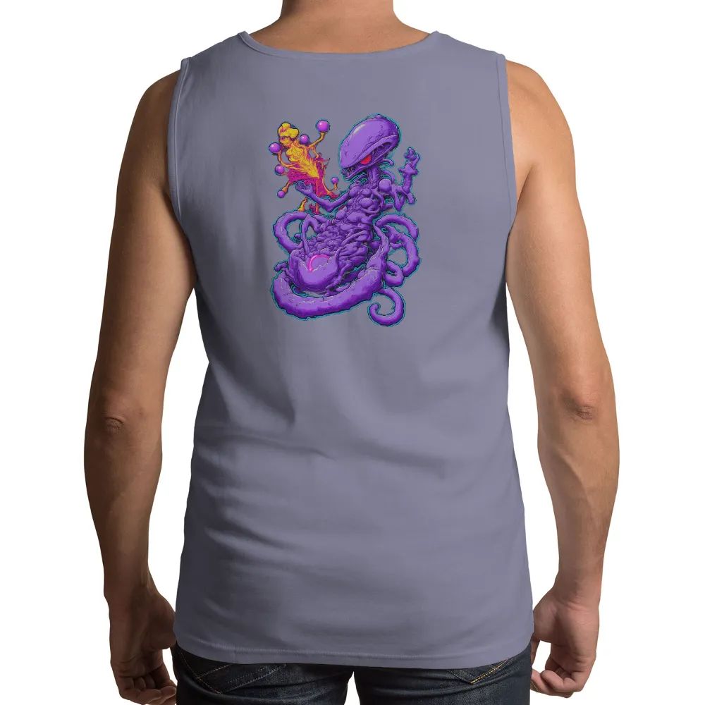 T-Shirts Design: Surreal Fantasy Monster with Tentacles and Glowing Eyes| Vivid colors and intricate details