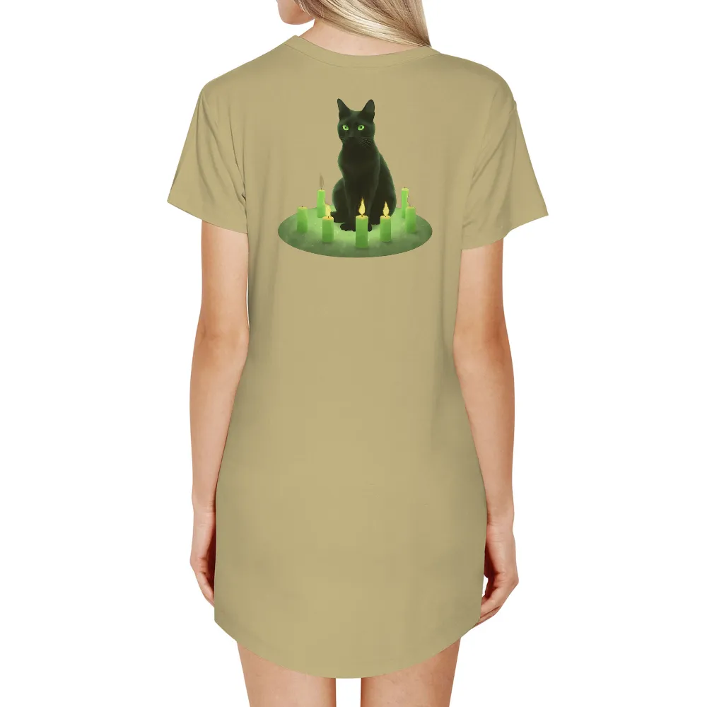 Tee Shirts Printed: Enchanted Black Cat with Glowing Candles|pokemon magic shirt