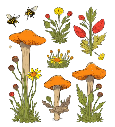 Custom Tee Shirts: Whimsical Mushrooms and Bees in a Summer Meadow