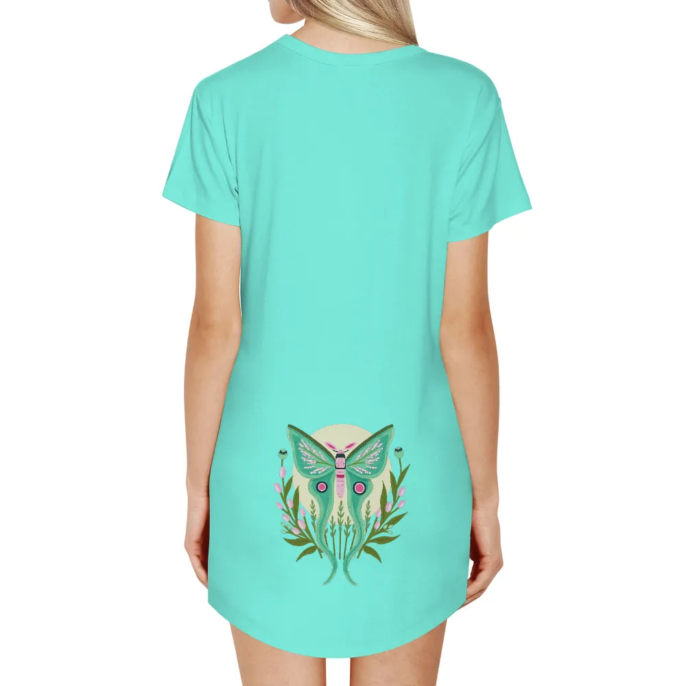 T-Shirts Custom: Nature's Whimsy - Luna Moth Design| delicate pink flowers