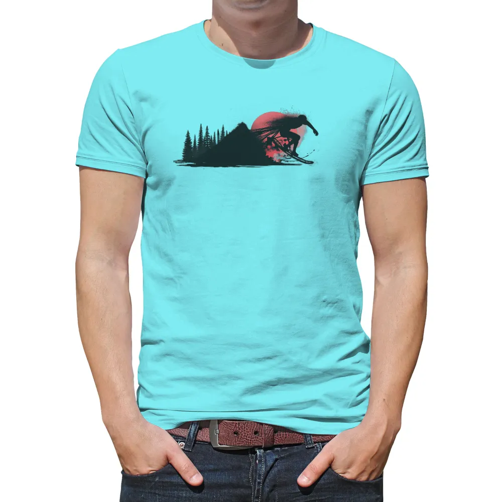 Custom T-Shirt Printing: Skier Soaring Against Red Moon| thrilling moment