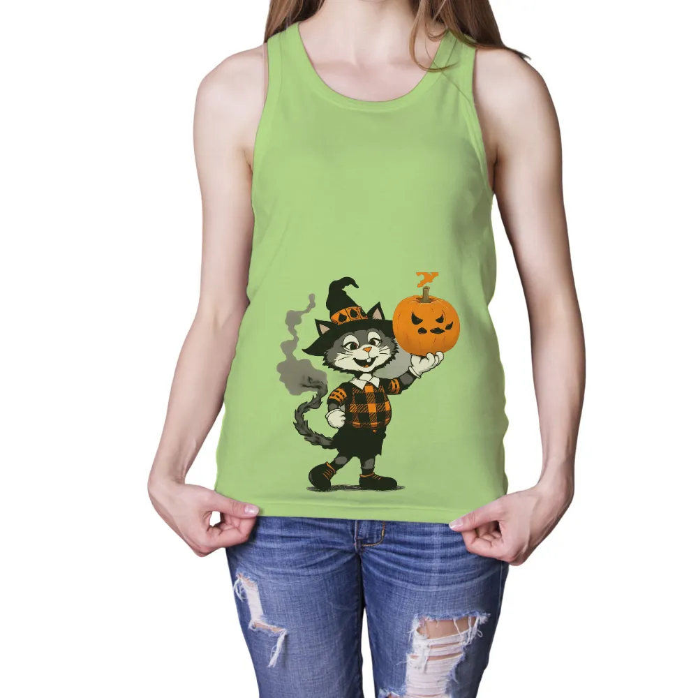 Halloween T-Shirts Pattern: Playful Cat with Pumpkin| festive mood