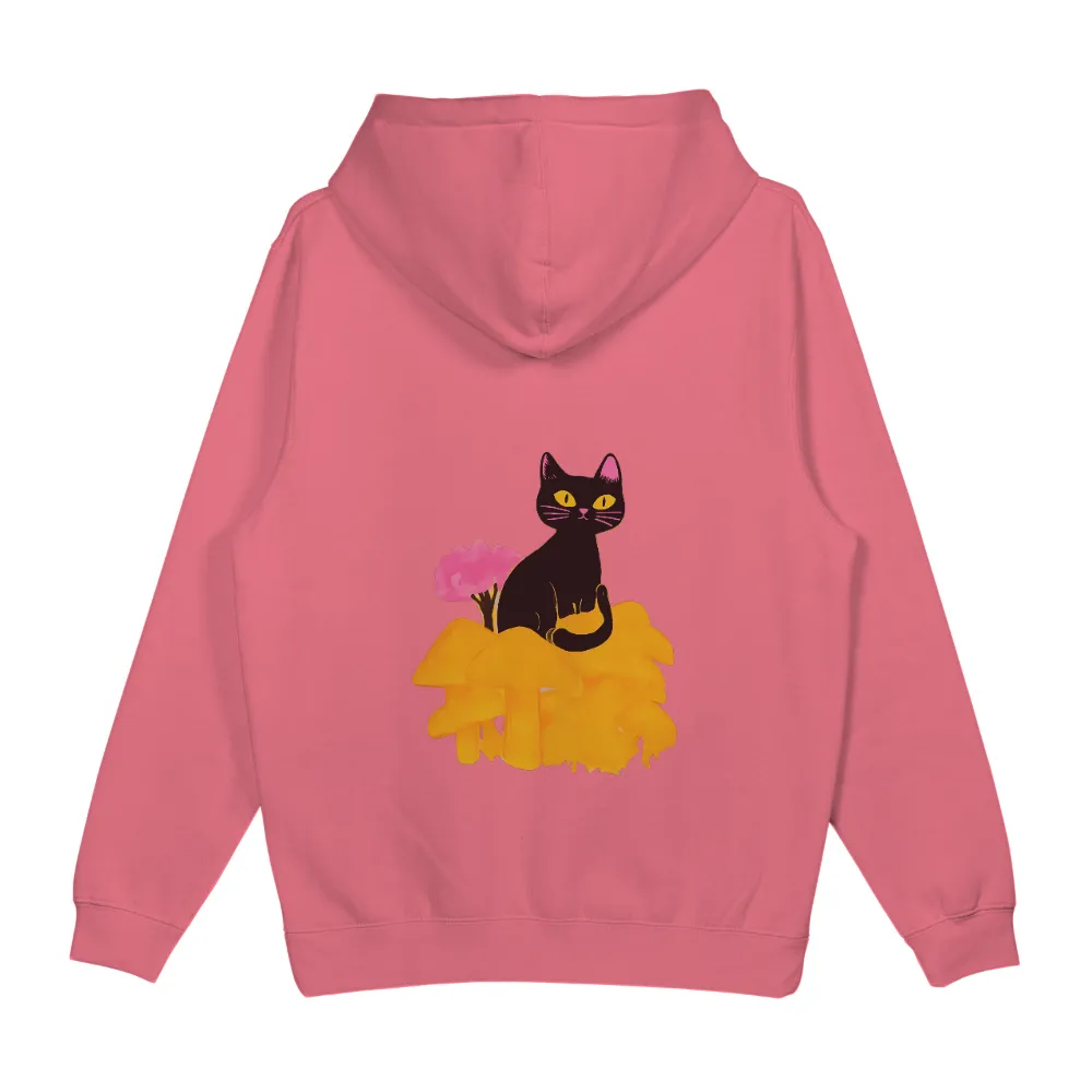 Whimsical Black Cat T-Shirts Design | Fantasy & Nature Inspired| vibrant yellow mushroom