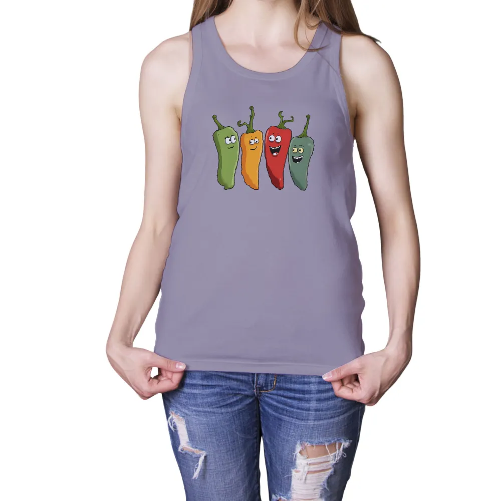 Custom T-Shirt Printing: Vibrant Peppers Expressing Life's Emotions| Four peppers standing together