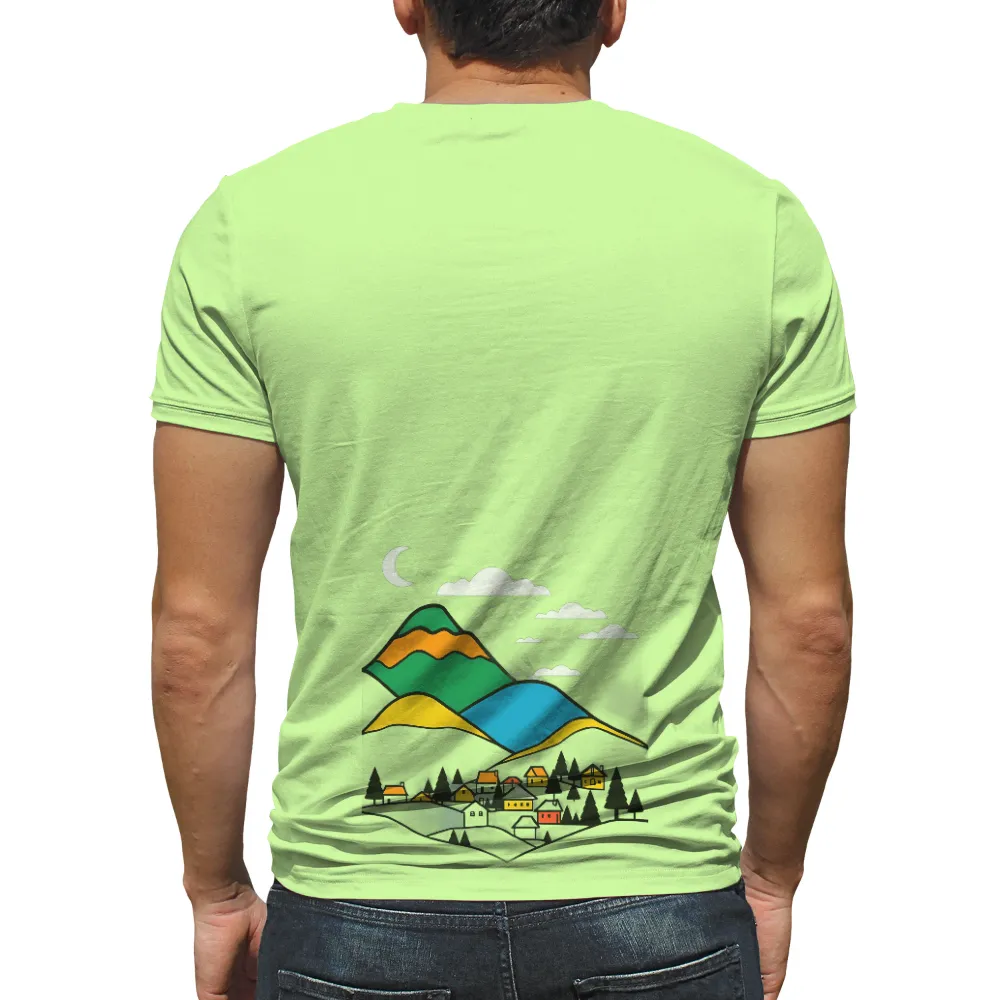 Mountain Village Night Scene T-Shirt Printing | Artistic Designs| Serene Night Landscape