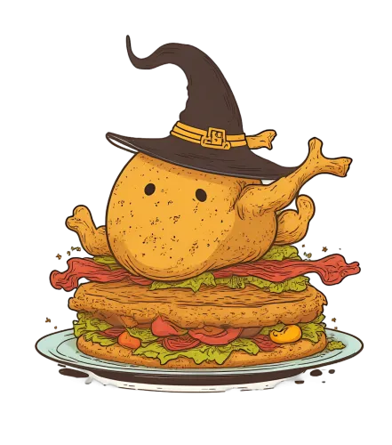 Tee Shirts Printed: Whimsical Turkey in Witch Hat on Halloween Sandwich