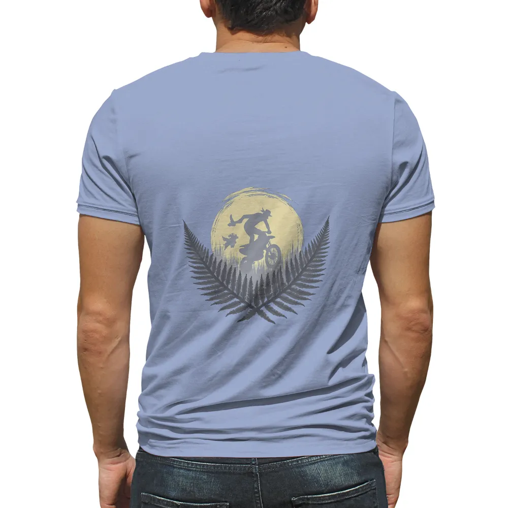 T-Shirts Pattern: Adventure in the Moonlight with Biker and Fern Leaves| Adventure theme