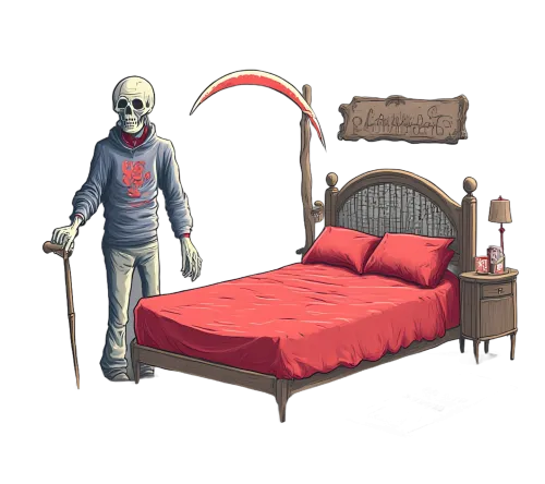 T-Shirts Custom: Eerie Skeleton in Red Bed | Artistic Design