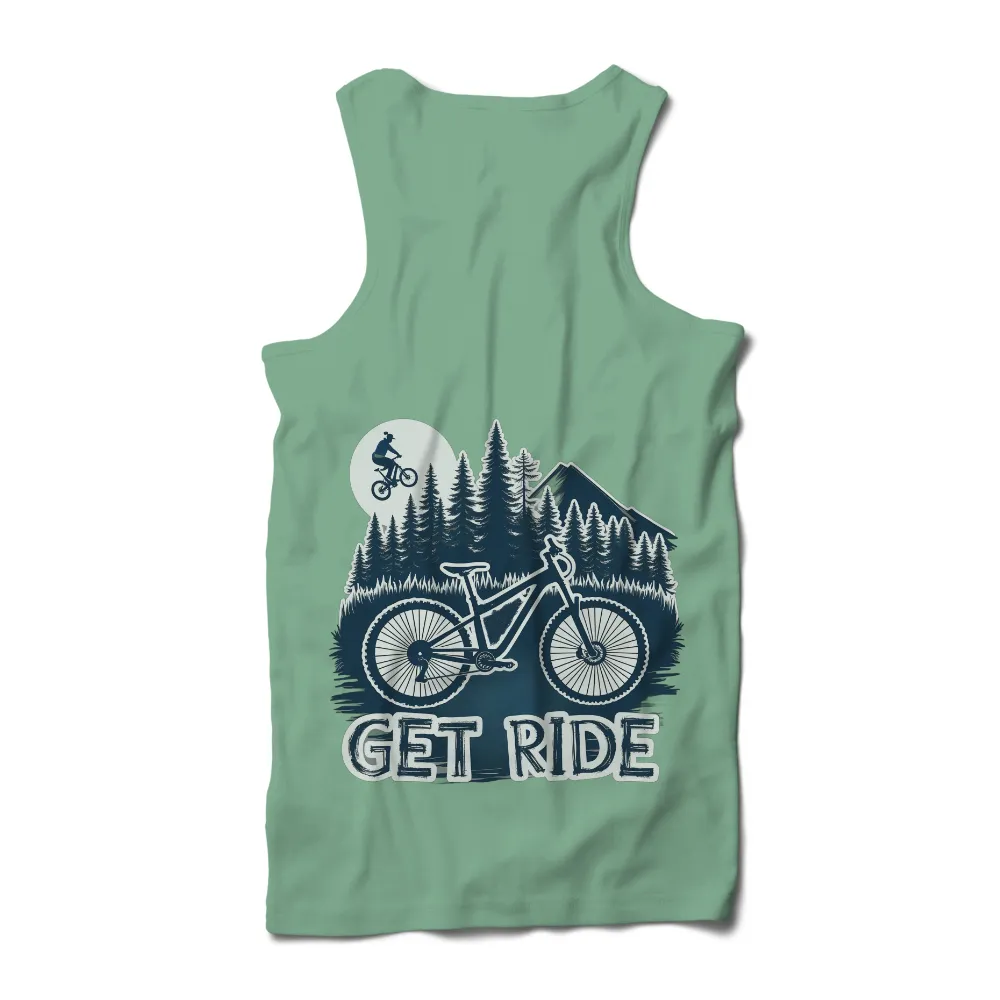 T-Shirts Design: Get Ride - Mountain Biking Adventure|Mountain biker soaring over a mountain bike