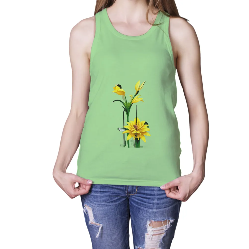 Tee Shirt Printing: Whimsical Yellow Flower - Nature's Joy|Whimsical yellow flower with an expressive face