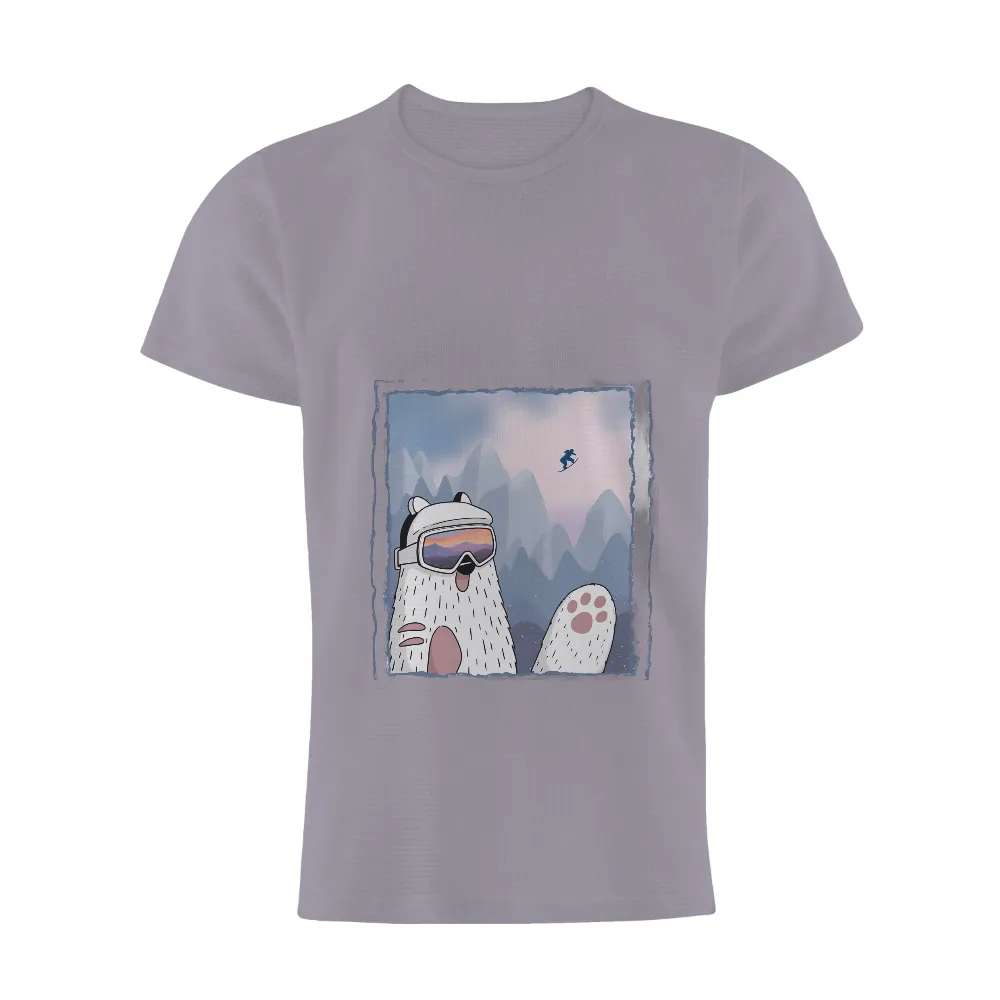 Custom Tee Shirts: Snowboarding Adventure with Polar Bear| snowy mountains