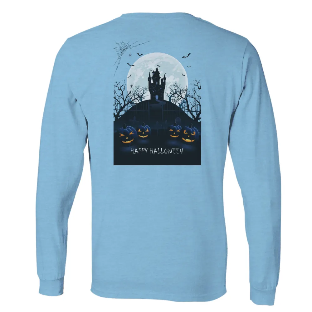 Customized Tee Shirts: Spooky Halloween Castle with Pumpkins|black shirt bleach tie dye halloween