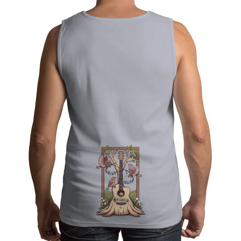 Customized Tee Shirts | Nature's Melody: Birds and Guitar Harmony| bird perched on a branch