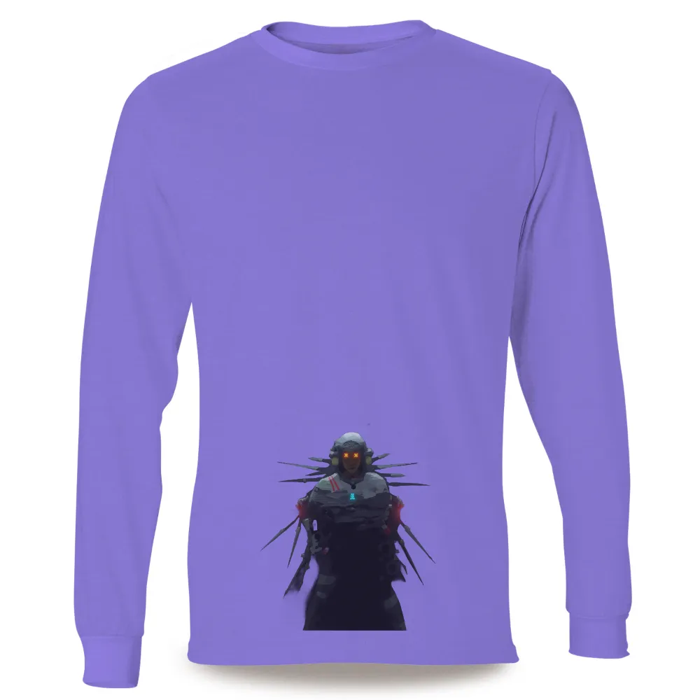 Graphic Tees: Cyberpunk Warrior with Glowing Red Eyes| glowing blue symbol