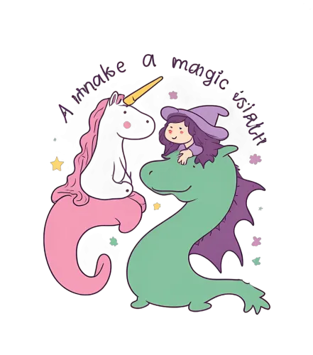 T-Shirt Printing: Enchanting Unicorn and Dragon Adventure with a Young Witch