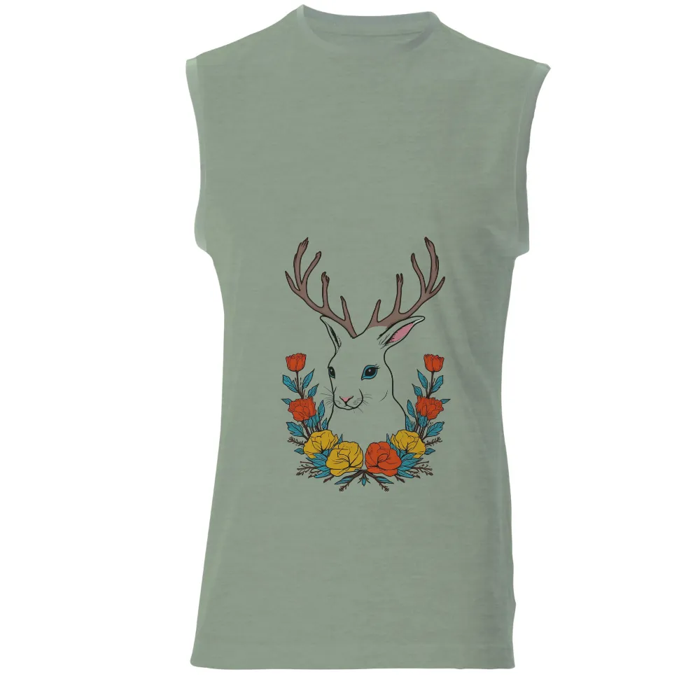 Customized Tee Shirts: Whimsical Rabbit with Antlers and Vibrant Flowers|tifa final fantasy shirt cut