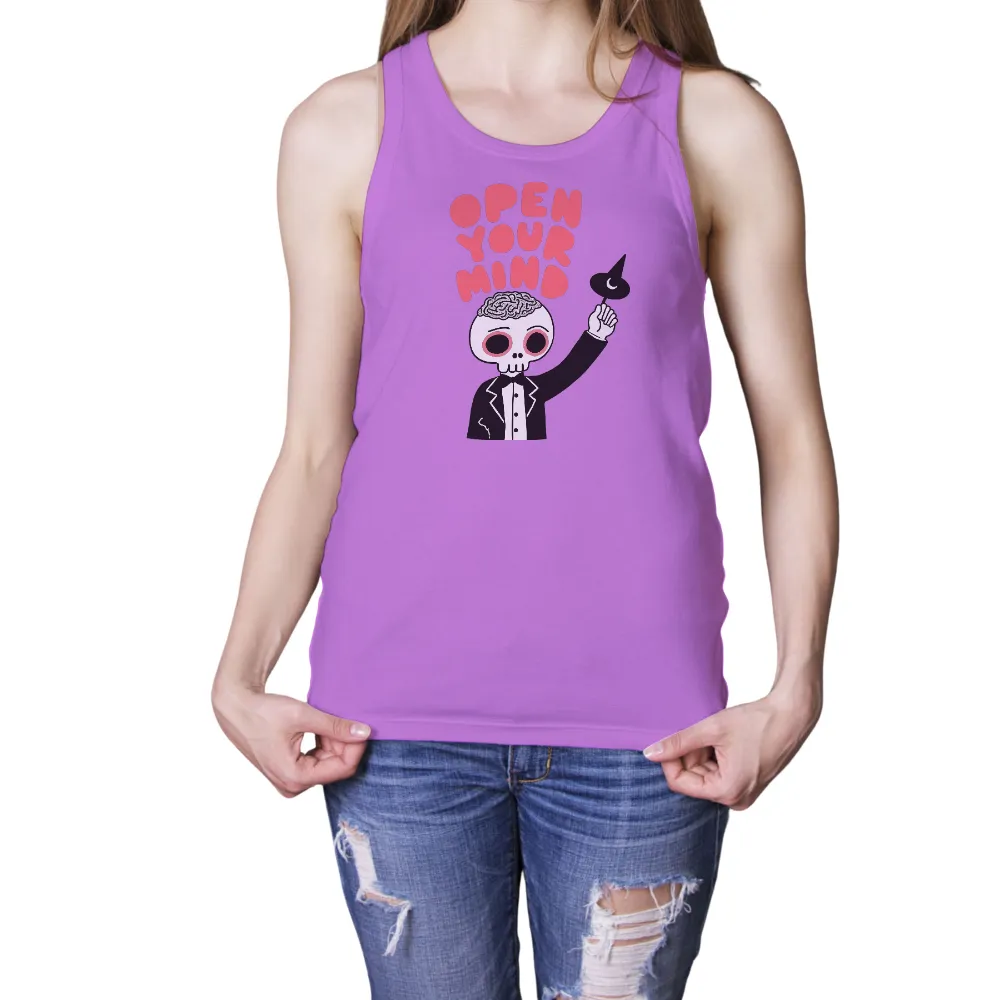 Graphic Tees: Open Your Mind - Whimsical Skeleton Design| Skeleton holding a magic hat