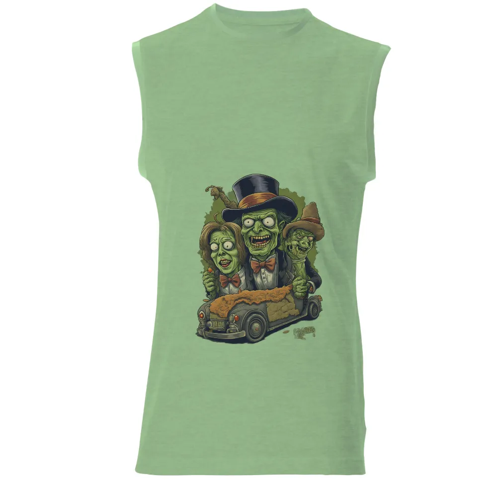 T-Shirts Design: Zombie Friends in Vintage Car - Funny & Quirky| Quirky zombie friends