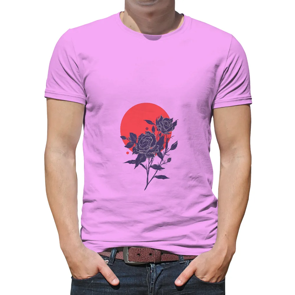 T-Shirts Pattern: Blue Roses and Red Sun - Artistic Design|pabst blue ribbon men's shirt