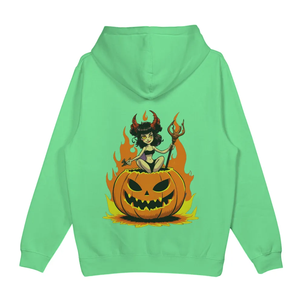 Custom T-Shirt Printing: Halloween Devil Girl with Jack-O-Lantern|Spooky pumpkin with a sinister grin