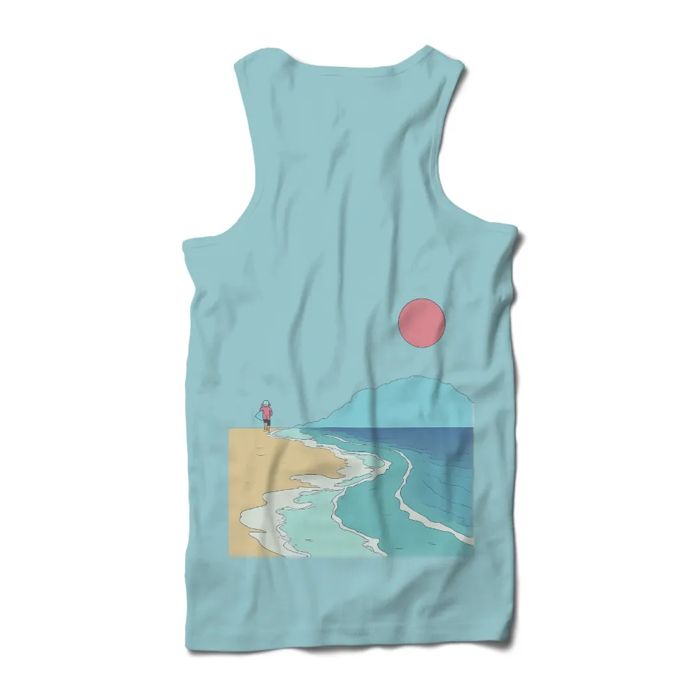 Tee Shirts Printed: Minimalist Surfer's Dream - Pink Sun and Ocean Harmony|uv sun shirt women's